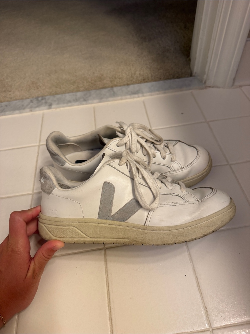 Veja Women’s V-12 Sneaker- White with Light Blue Accents - Picture 2 of 6